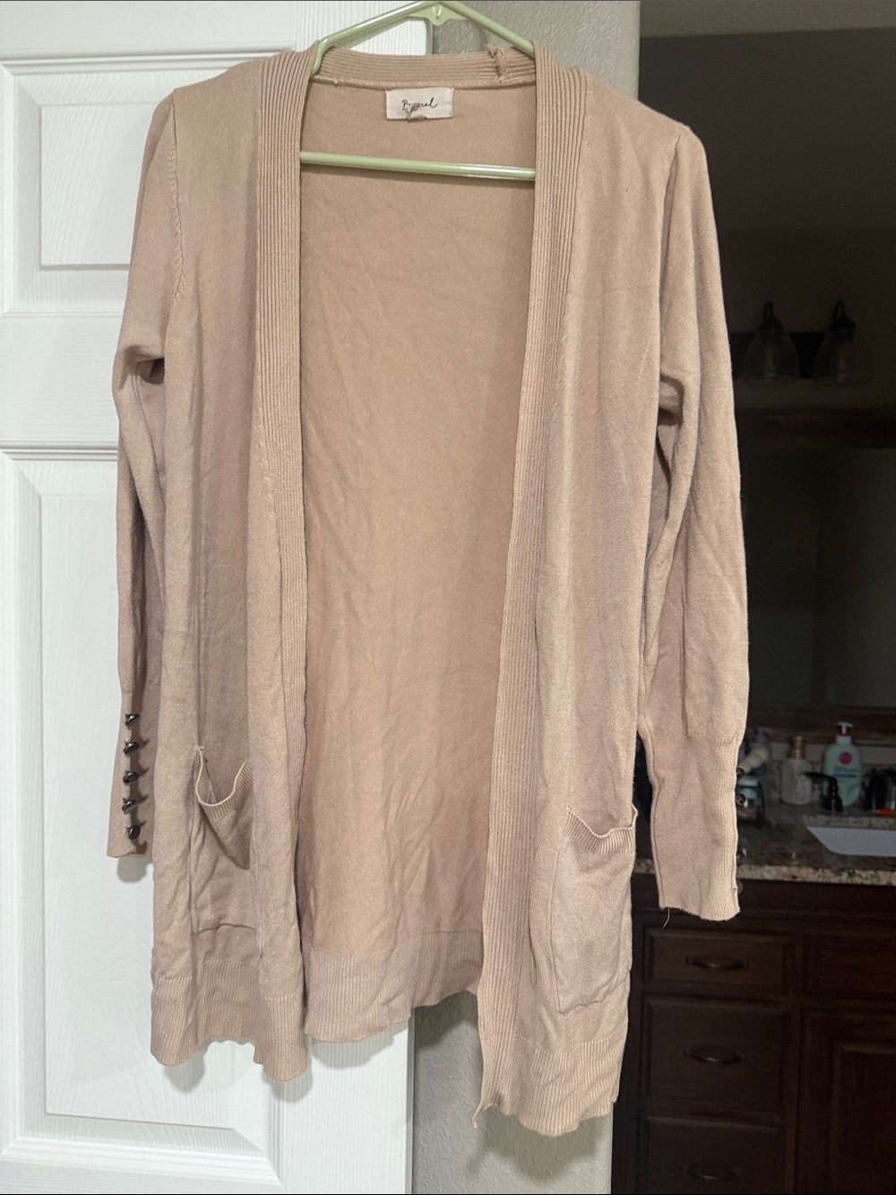 Beige Open-Front Long Cardigan with Pocket Detail